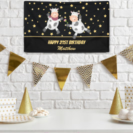 エレガント金ゴールドスターおもしろいアニマルカップル誕生日 横断幕