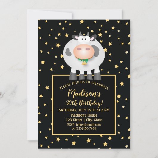 エレガント金ゴールドスターかわいい漫画カウズ30歳の誕生日 招待状 (正面)