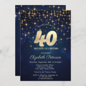 エレガント金ゴールドスターズNavy Blue 40th誕生日パーティー 招待状 (正面/裏面)