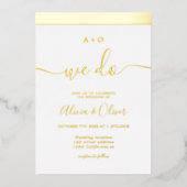 エレガント金ゴールドストライプイニシャル白写真結婚の 箔招待状 (正面)