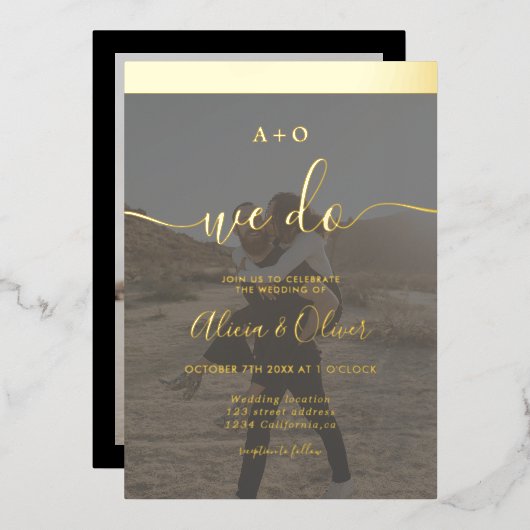 エレガント金ゴールドストライプイニシャル2枚結婚の写真 箔招待状 (正面/裏面)