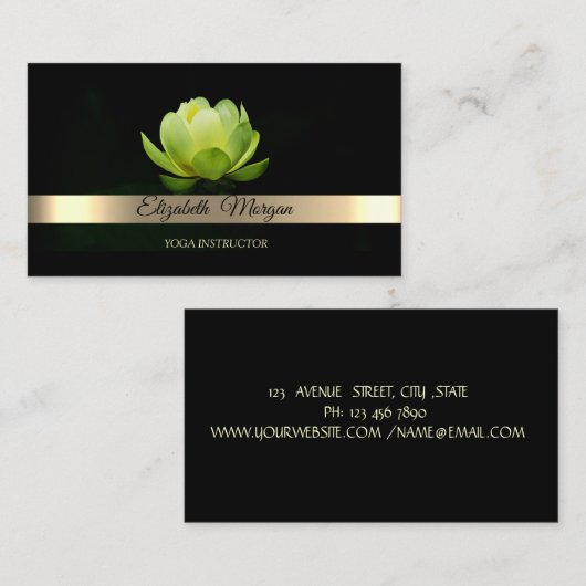 エレガント金ゴールドストライプグリーンロータスフラワーヨガ 名刺 (正面/裏面)