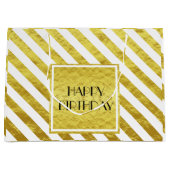 エレガント金ゴールドストライプハッピーバースデー ラージペーパーバッグ (正面)