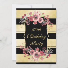エレガント金ゴールドストライプフローラWatercolor 100th 招待状
