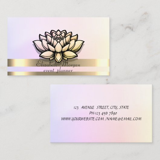 エレガント金ゴールドストライプホログラフィックシック蓮 名刺 (正面/裏面)