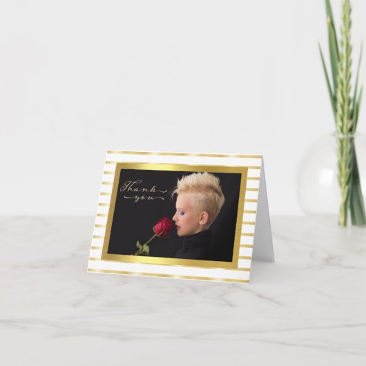 エレガント金ゴールドストライプ写真サンキューカード サンキューカード (正面)
