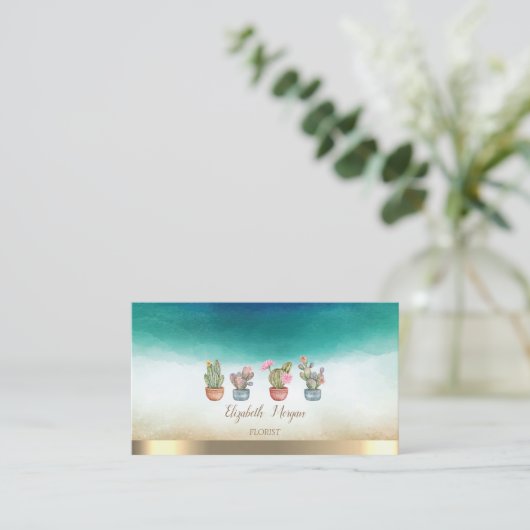 エレガント金ゴールドストライプ水彩多肉類 名刺 (スタンド正面)