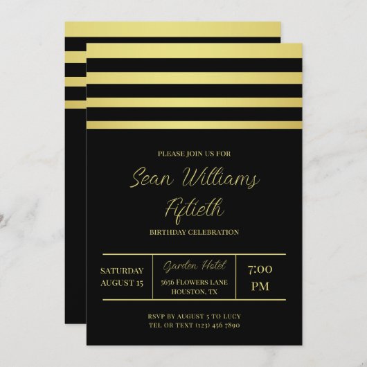 エレガント金ゴールドストライプ男らし誕生日 招待状 (正面/裏面)