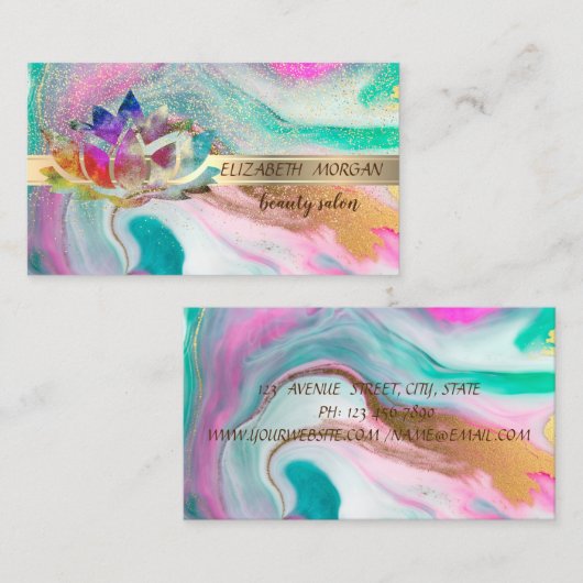 エレガント金ゴールドストライプ紙吹雪、カラフルロータス、大理石 名刺 (正面/裏面)