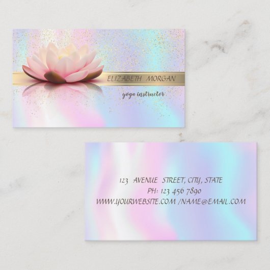 エレガント金ゴールドストライプ紙吹雪，ロータス，ホログラフィック 名刺 (正面/裏面)