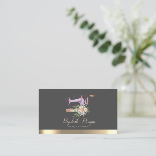 エレガント金ゴールドストライプ裁縫機 名刺 (スタンド正面)