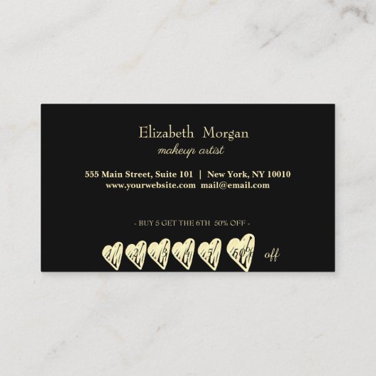 エレガント金ゴールドストライプ、フレーム、金ゴールドハート ロイヤリティカード (裏面)