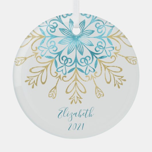 エレガント金ゴールドスノーフレーク友情モノグラムの名 ガラスオーナメント (正面)