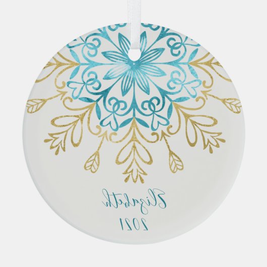 エレガント金ゴールドスノーフレーク友情モノグラムの名 ガラスオーナメント (裏面)