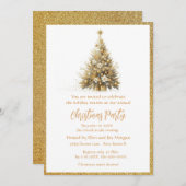 エレガント金ゴールドスパークルクリスマスツリーホリデーパーティー 招待状 (正面/裏面)