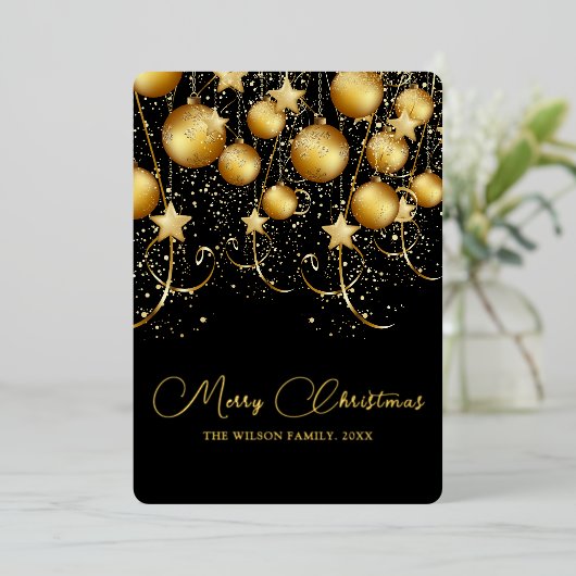 エレガント金ゴールドスパークルクリスマスボーブル 箔シーズンカード (立ち正面)
