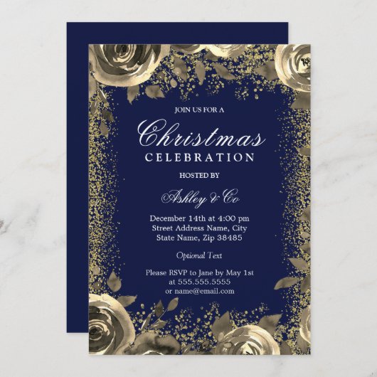 エレガント金ゴールドスパークルグリッタークリスマスパーティー 招待状 (正面/裏面)