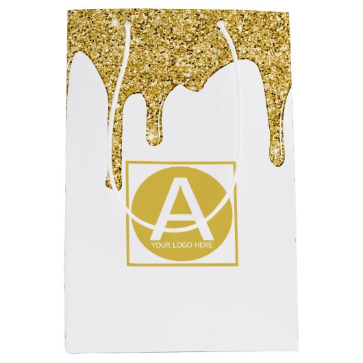 エレガント金ゴールドスパークルグリッタードリップス企業のロゴ ミディアムペーパーバッグ (正面)