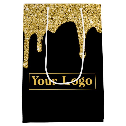 エレガント金ゴールドスパークルグリッタードリップビジネスロゴ ミディアムペーパーバッグ (裏面)