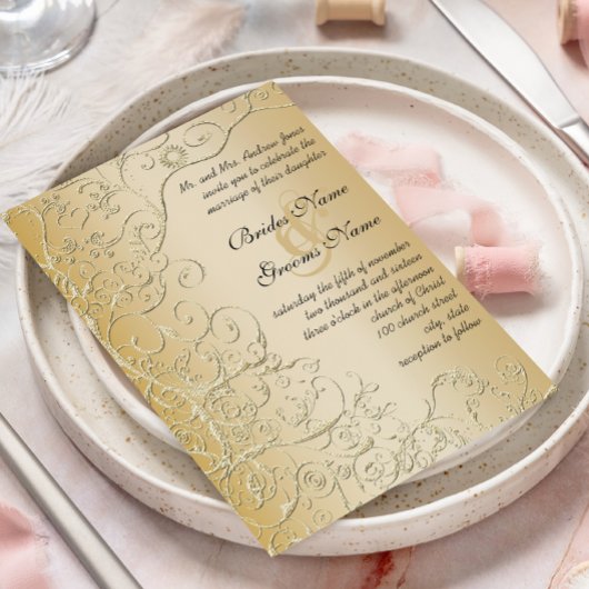 エレガント金ゴールドスワーズブラックフォント結婚式招待状 招待状