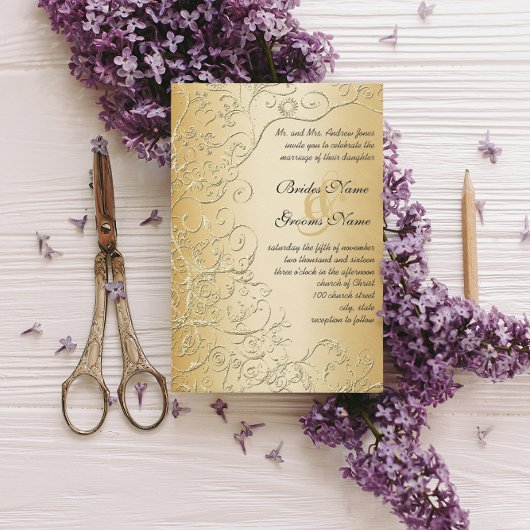 エレガント金ゴールドスワーズブラックフォント結婚式招待状 招待状