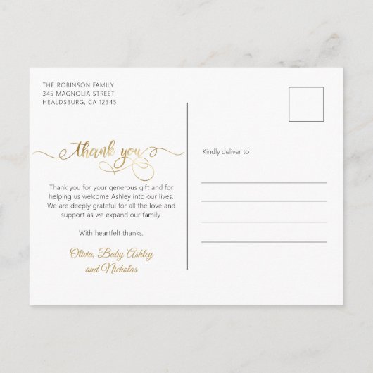 エレガント金ゴールドス生まれたばかりのクリプトベビー写真ありがとう ポストカード (裏面)