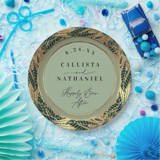 エレガント金ゴールドセージ緑葉草の結婚 ペーパープレート (パーティー)