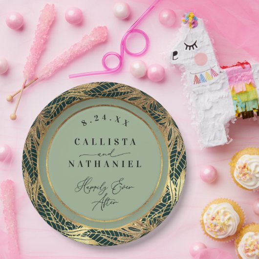 エレガント金ゴールドセージ緑葉草の結婚 ペーパープレート (パーティー)