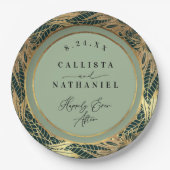 エレガント金ゴールドセージ緑葉草の結婚 ペーパープレート (正面)