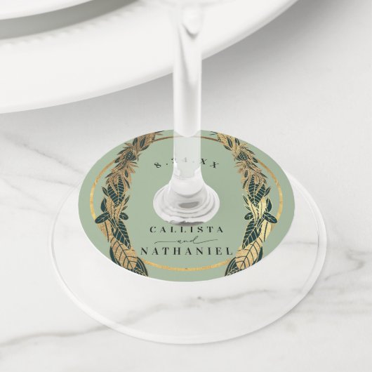 エレガント金ゴールドセージ緑葉草の結婚 ワイングラスタグ (クローズアップ)