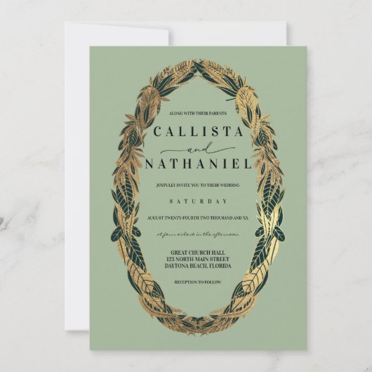 エレガント金ゴールドセージ緑葉草の結婚 招待状 (正面)
