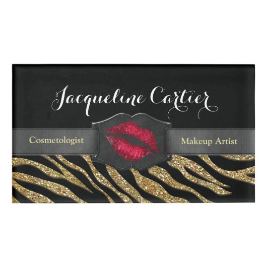 エレガント金ゴールドゼブラグリッターキススキニー名タグ 名札 (正面)