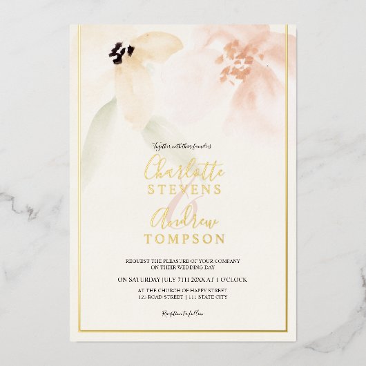 エレガント金ゴールドソフトフローラ水結婚色の写真 箔招待状 (正面)