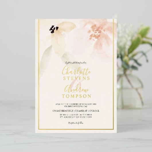 エレガント金ゴールドソフトフローラ水結婚色の写真 箔招待状 (立ち正面)