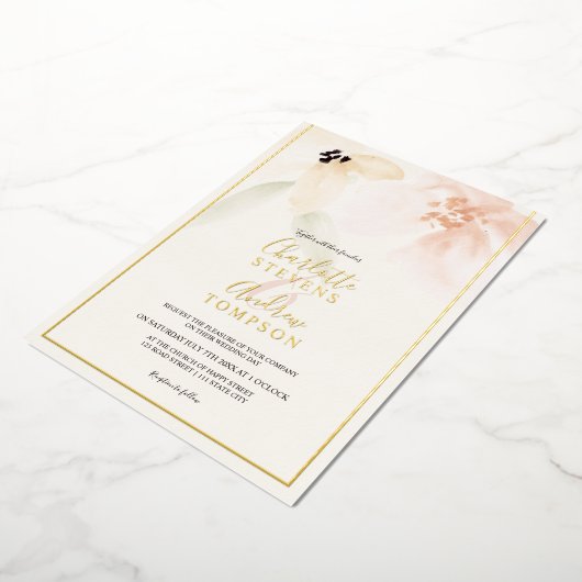 エレガント金ゴールドソフトフローラ水結婚色の写真 箔招待状 (回転した状態)