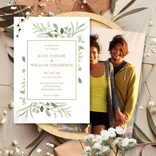 エレガント金ゴールドタイポグラフィGreenery Photo結婚's 招待状