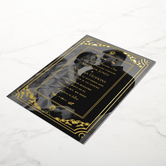 エレガント金ゴールドタロットカー結婚ドの写真招待状 箔招待状 (回転した状態)