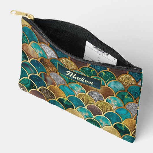 エレガント金ゴールドターコイズグリーンガーリーマーメイドはかりで測 アクセサリーポーチ (見開き)
