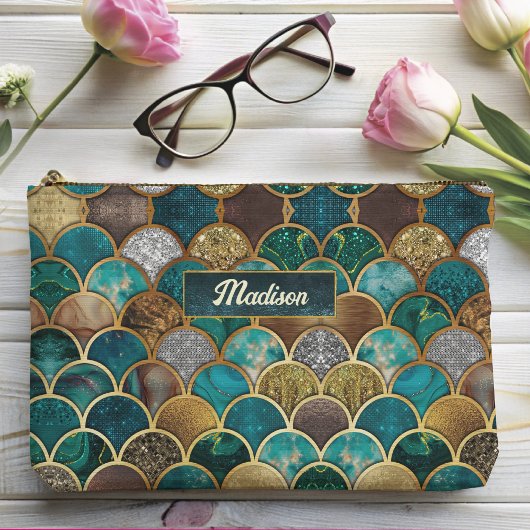 エレガント金ゴールドターコイズグリーンガーリーマーメイドはかりで測 アクセサリーポーチ