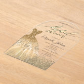 エレガント金ゴールドダイアモンズドレスブライダルシャワー アクリル招待状 (レイダウン)