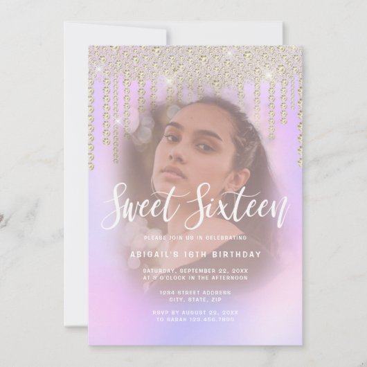 エレガント金ゴールドダイヤモンドは紫sweet sixteenを乾燥させる 招待状 (正面)