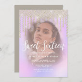 エレガント金ゴールドダイヤモンドは紫sweet sixteenを乾燥させる 招待状 (正面/裏面)
