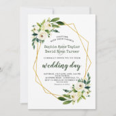 エレガント金ゴールドダイヤモンドホワイトグリーンフローラ結婚ズ 招待状 (正面)