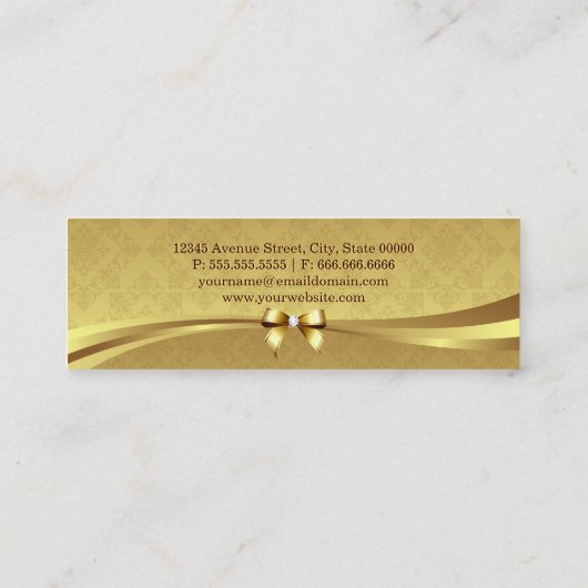 エレガント金ゴールドダマスクとダイヤモンドリボンの光沢のある弓 スキニー名刺 (裏面)