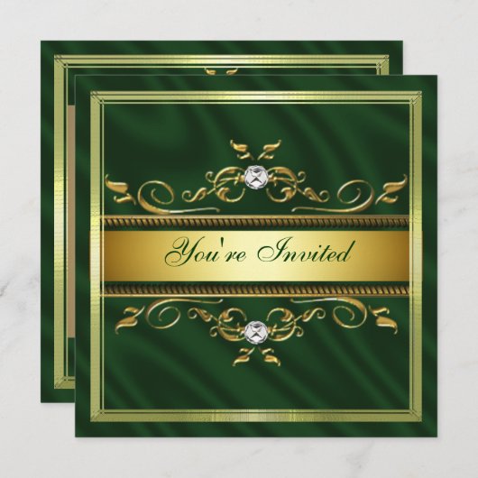エレガント金ゴールドダークグリーンシルク/サテン招待状温度 招待状 (正面/裏面)