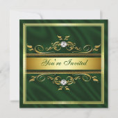 エレガント金ゴールドダークグリーンシルク/サテン招待状温度 招待状 (正面)
