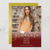 エレガント金ゴールドダークレッド写真卒業招待状 招待状 (正面/裏面)