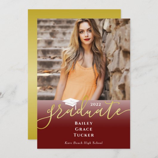 エレガント金ゴールドダークレッド写真卒業招待状 招待状 (正面/裏面)