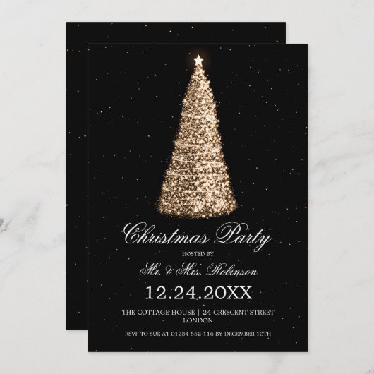 エレガント金ゴールドツリーのクリスマスパーティー(バッファロー付き) 招待状 (正面/裏面)