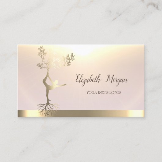 エレガント金ゴールドツリー女性シルエットヨガ 名刺 (正面)